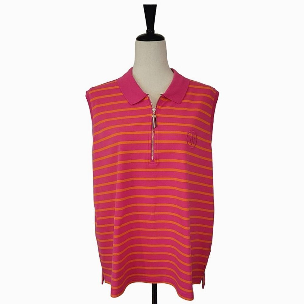 Tommy Hilfiger Pink Striped  Sleeveless Zip Polo Shirt Size 1X NWOT - Picture 2 of 8